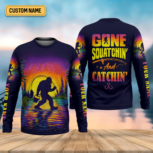 Joycorners Gone Squatchin And Catching Sunset Fishing UPF Shirts, Funny Fishing Shirt, Sasquatch Fishing Shirts For Men
