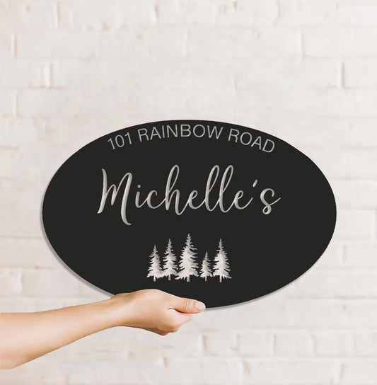 Maxcorners Personalized Address Metal Sign WITH LED/WITHOUT LED - Custom Family Name Sign with Pine Trees, Rustic Cabin or Cottage Outdoor Decor MT0110