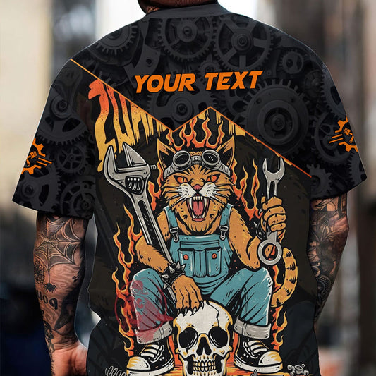Joycorners Personalized Mechanic Shirt Custom Name Funny Cat Skull Wrench Flames Auto Repair Garage Workwear Tee Car Repair Shirt Gift For Men Dad PT2609