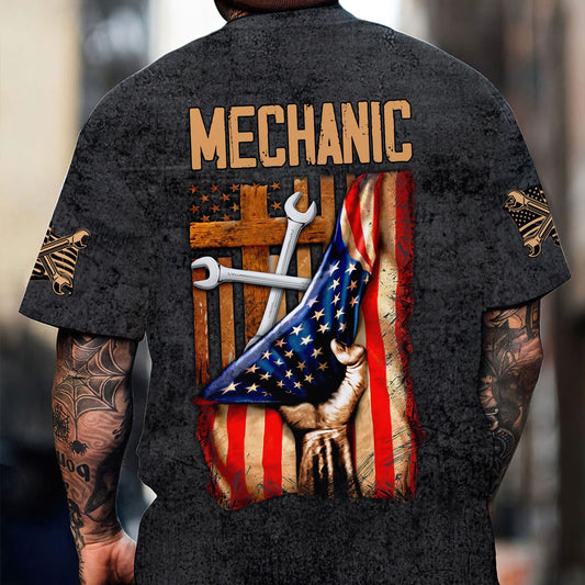 Joycorners Patriotic Mechanic Shirt, American Flag & Cross Design with Wrenches, Perfect Gift for Christian Mechanics, Car Repair & Garage Fans PT2609