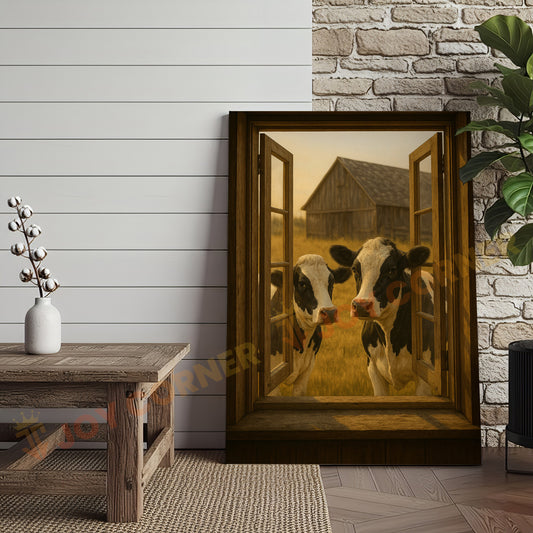 Joycorners Holstein Cows Through Wooden Window Rustic Barn Country Wrapped Canvas Wall Art