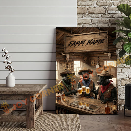 Joycorner Black Angus Cow Trio Western Saloon Beer Cheers Rustic Bar Sign Customized Farm Name Canvas