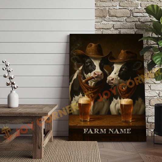 Joycorner Holstein Cow Duo Cowboy Beer Bar – Personalized Farm Name 3D Wrapped Canvas