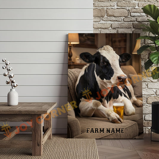 Joycorners Cattle Cow Cozy Farmhouse Holstein Cow Relaxing On Sofa Personalized Name Canvas