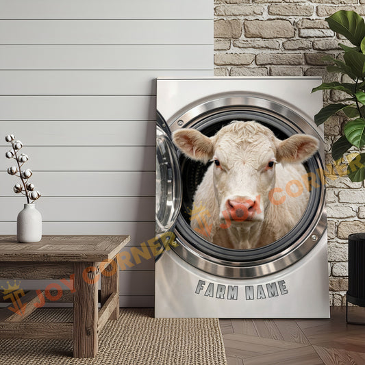Joycorners Cattle Cow Funny Charolais Cow In Washing Machine Personalized Name Canvas