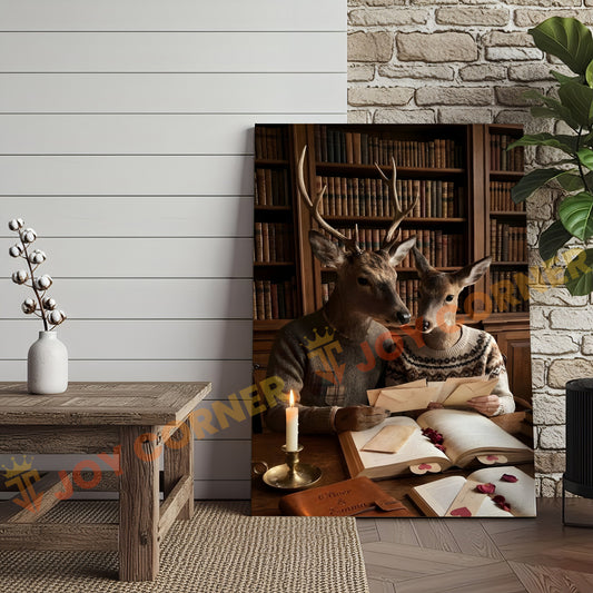 Joycorners Romantic Deer Couple Reading Love Letters Library Personalized Name Canvas