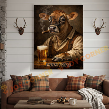 Joycorners Cattle Cow Farmhouse Jersey Cow Drinking Beer Personalized Name Canvas