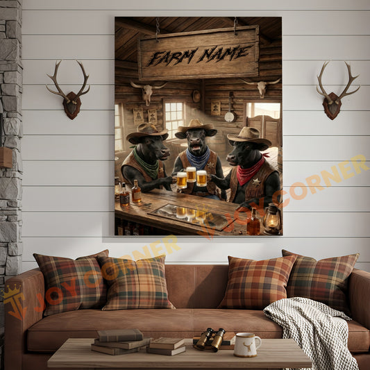 Joycorner Black Angus Cow Trio Western Saloon Beer Cheers Rustic Bar Sign Customized Farm Name Canvas