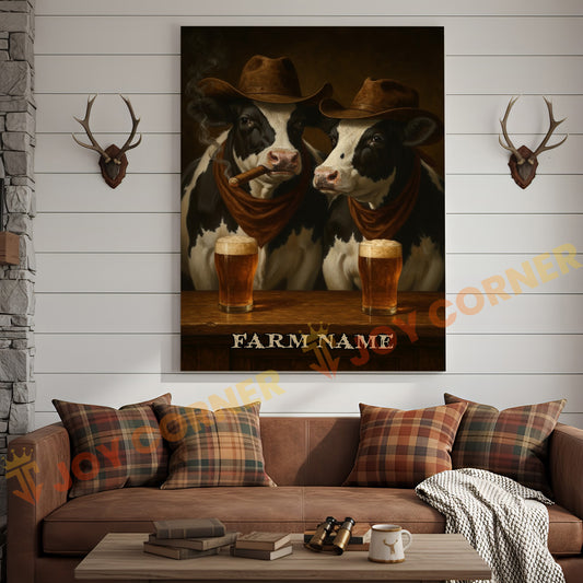 Joycorner Holstein Cow Duo Cowboy Beer Bar – Personalized Farm Name 3D Wrapped Canvas