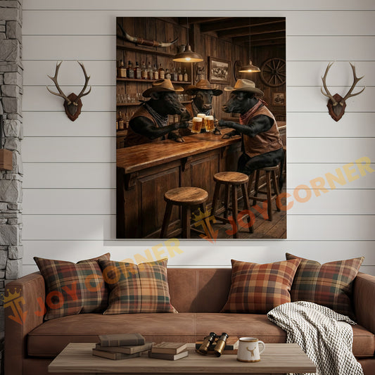 Joycorner Black Angus Cow Western Bar Counter Beer Toast Rustic Canvas