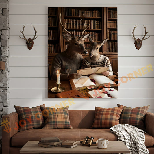 Joycorners Romantic Deer Couple Reading Love Letters Library Personalized Name Canvas