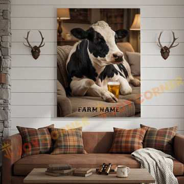 Joycorners Cattle Cow Cozy Farmhouse Holstein Cow Relaxing On Sofa Personalized Name Canvas