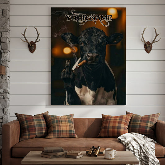Joycorner Betled Galloway Smoking Cow Flipping Finger Attitude Wall Art Custom Name Rustic Canvas