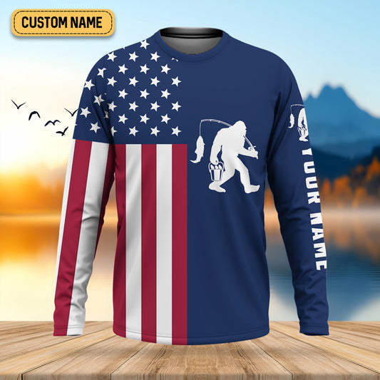Joycorners Bigfoot American Flag Patriotic Fishing Shirt, SPF Shirt For Men, Gift For Fisherman, Fishing Shirts For Men