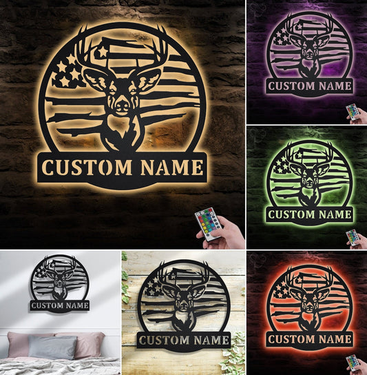 Maxcorners Custom Name American Flag Deer Hunting Metal Sign WITH LED/WITHOUT LED Light Rustic Lodge Wall Decor MT0110