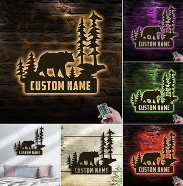 Maxcorners Personalized Bear Metal Sign WITH LED/WITHOUT LED Light Custom Name Mountain Scene Wall Art Cabin Lodge Rustic Decor Gift MT0110
