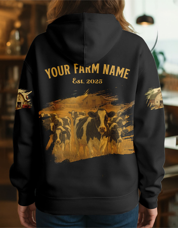 Joycorners Holstein Farm Life Black Cattle Personalized Name, Farm Name Unisex 3D Hoodie