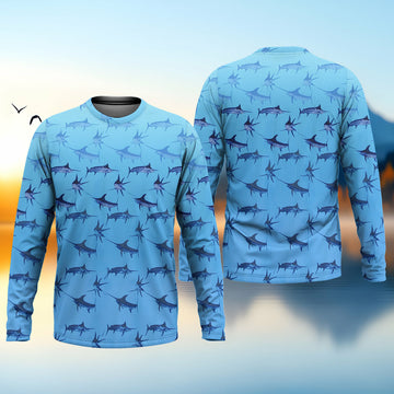 Joycorners Swordfish Pattern Blue Fishing Shirt, Cute Fishing Outfits, SPF Shirt For Men, Men's Fishing Shirt