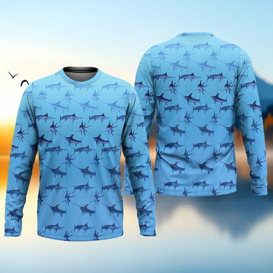 Joycorners Swordfish Pattern Blue Fishing Shirt, Cute Fishing Outfits, SPF Shirt For Men, Men's Fishing Shirt