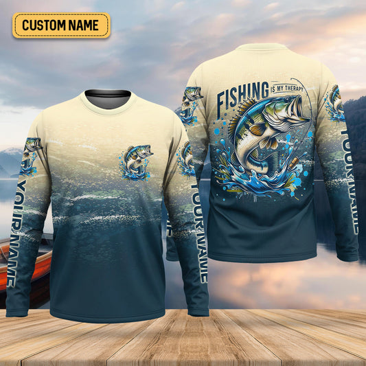 Joycorners Fishing Is My Therapy Navy And Beige Fishing UPF Shirts, Gift For Fisherman, Fishing Shirts For Men