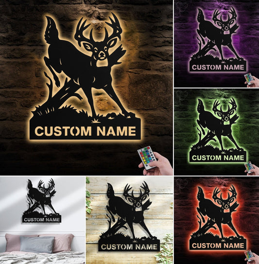 Maxcorners Personalized Deer Hunting Buck Metal Sign WITH LED/WITHOUT LED – Rustic Cabin Wall Decor, Gift for Hunters MT0110