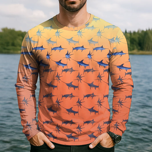 Joycorners Swordfish Pattern Orange Fishing Shirt, Cute Fishing Outfits, SPF Shirt For Men, Men's Fishing Shirt