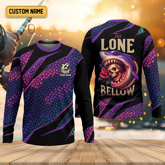 Joycorners The Lone Below Shark And Skull Purple Fishing Shirt, SPF Shirt For Men, Men's Fishing Shirt