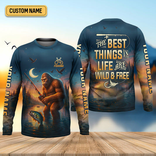 Joycorners The Best Things In Life Are Wild And Free Funny Bigfoot Fishing SPF Shirt For Men, Gift For Fisherman