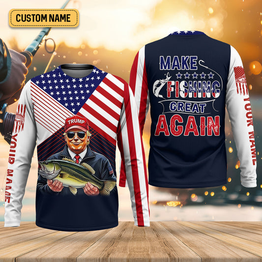 Joycorners Make Fishing Great Again Patriotic Fishing Shirt, American Flag Fishing Shirt, Fishing UPF Shirts, Men's Fishing Shirt