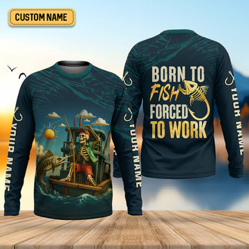 Joycorners Born To Fish Forced To Work Funny Skeleton Fishing UPF Shirts, Presents For Fishermen, Men's Fishing Shirt
