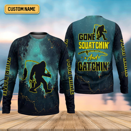 Joycorners Gone Squatchin And Catching Night Forest Performance Fishing Shirts, SPF Shirt For Men, Gift For Fisherman