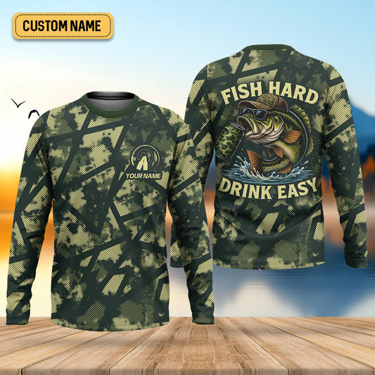 Joycorners Fish Hard Drink Easy Green Camo Funny Fishing Shirt, SPF Shirt For Men, Largemouth Bass Fishing Shirts For Men