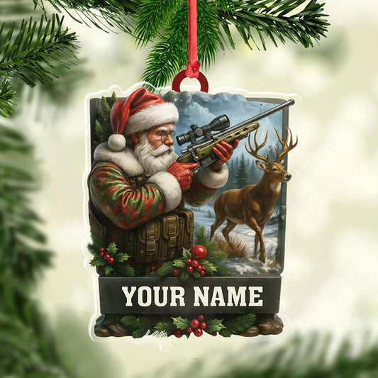 Joycorners Custom Name Santa Hunter Ornament, Deer Hunting Christmas Tree Decor, Personalized Camo Gift MT1111