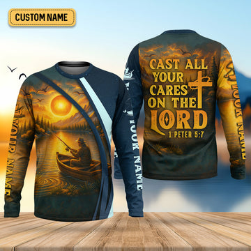 Joycorners Cast All Your Cares On The Lord Christian Fishing SPF Shirt For Men, Fisherman Gift, Men's Fishing Shirt