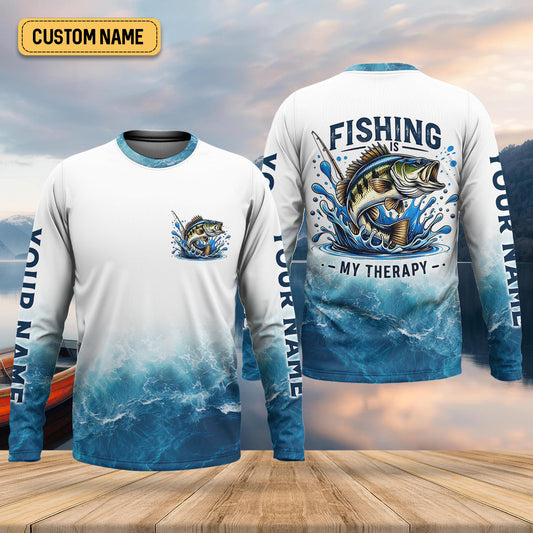 Joycorners Fishing Is Therapy Funny Fishing Shirt, Mens SPF Shirt, Fishing Gifts For Men, Bass Fishing
