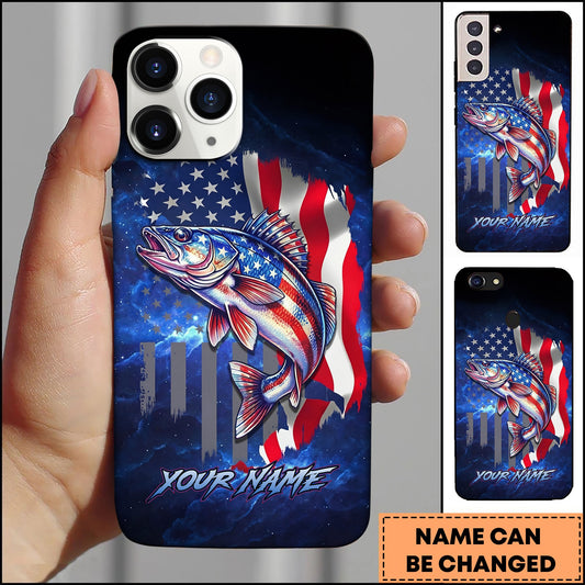 Joycorners Walleye Patriotic American Flag Galaxy Blue Art Personalized Name Phone Case