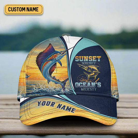 Joycorners Sunset Serenity Ocean's Majesty, Fishing Trucker Hat, Fishing Hook Hat, Fishing Cap For Men, Fishing Gifts For Dad
