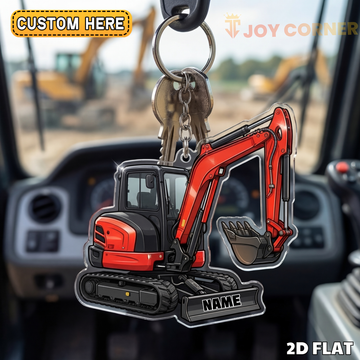 Joycorners Mini Excavator 2D Keychain Red Small Digger Front View Personalized Name