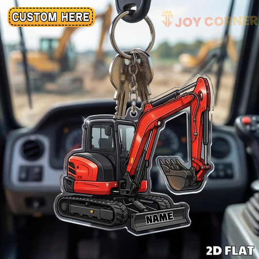 Joycorners Mini Excavator 2D Keychain Red Small Digger Front View Personalized Name