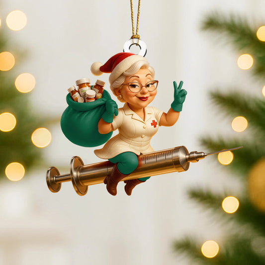 Joycorners Funny Nurse Christmas Ornament, Custom Healthcare Worker Ornament, Santa Nurse Riding Syringe, Unique RN Xmas Gift | Green
 2D Flat LM1711