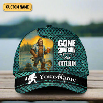 Joycorners Gone Squatchin' And Catchin, Fishing Hook Hat, Fishing Trucker Hat, Fishing Cap For Men, Fishing Gifts For Dad