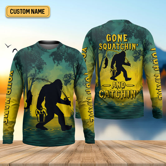 Joycorners Gone Squatchin And Catching Yellow Forest Bigfoot Fishing UPF Shirts, Funny Fishing Shirt, Fishing Gifts For Men