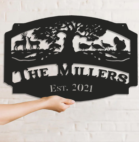 Maxcorners Personalized Hunting Metal Sign WITH LED/WITHOUT LED Light Deer Turkey Scene Custom Name Metal Wall Art Hunter Gift Rustic Cabin Decor MT0110