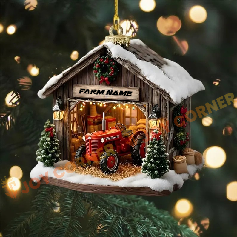 Decorative farmhouse ornament with a red tractor inside, surrounded by Christmas lights.
