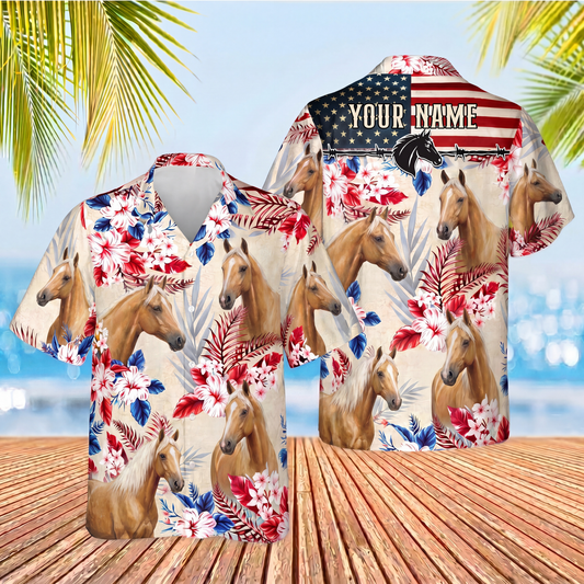 Joycorners Palomino Horse Custom Name US Flag Vintage Red Floral 3D Hawaiian Shirt