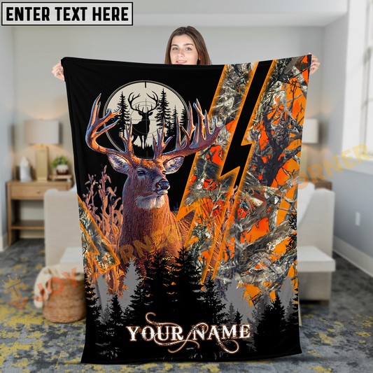 Joycorners Deer Hunting Buck Lightning Strike Orange Camo Forest Personalized 3D Blanket