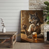 Joycorners Wolf Gentleman Smoking Cigar and Drinking Beer in Rustic Bar Wrapped Canvas Wall Art