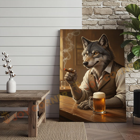 Joycorners Wolf Gentleman Smoking Cigar and Drinking Beer in Rustic Bar Wrapped Canvas Wall Art