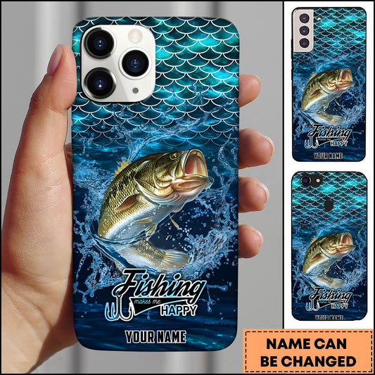 Joycorners Bass Fishing Phone Case Fish Scale Pattern Splash Design Personalized Name 3D Phone Case