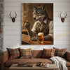 Joycorners Wolf Gentleman Smoking Cigar and Drinking Beer in Rustic Bar Wrapped Canvas Wall Art